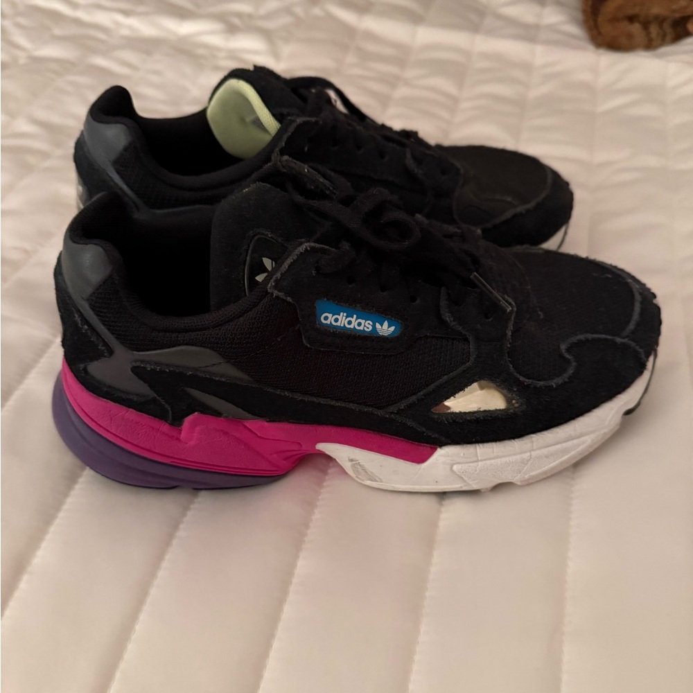 Adidas Falcon Black and Pink Sneakers - Size 6.5